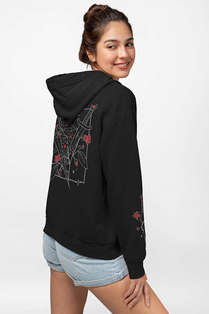 Mockup of a model wearing the Rogue CLASSic Hoodie in black