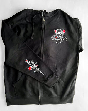 Image of the front of the Rogue Floral Classic Hoodie. It features both a dagger on the sleeve and a lock on the upper left chest.