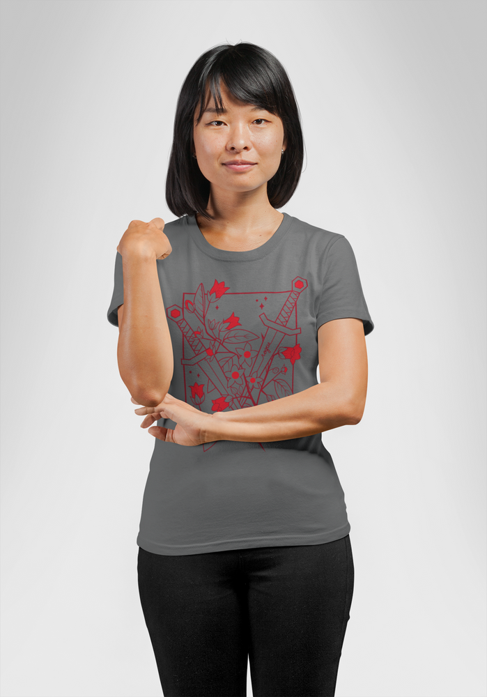 Mock-up of a model wearing the Rogue CLASSIc Tee in grey and red