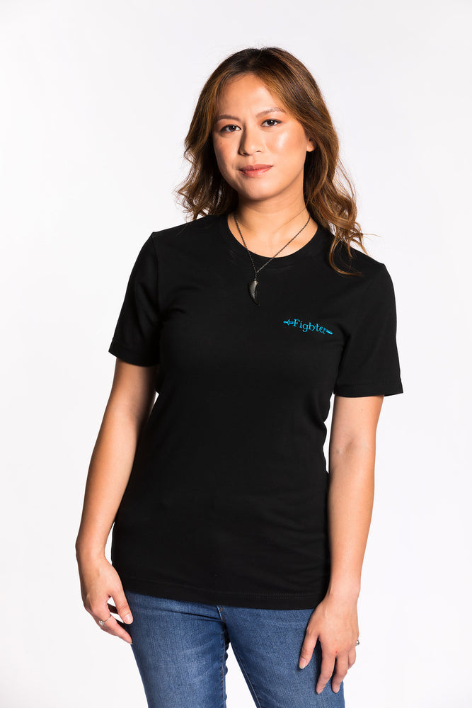 Chelsea is wearing the Fighter CLASSic Embroidered Unisex Tee - Black/Teal in an XS
