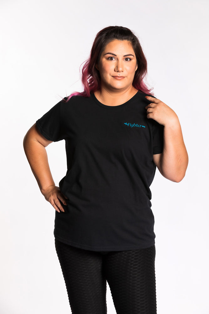 Jessica is wearing the Fighter CLASSic Embroidered Fitted Tee - Black/Teal in an XL