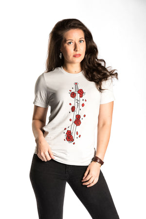 Victoria is wearing the Fighter Floral CLASSic Unisex Tee - Silver/Ruby in an XS