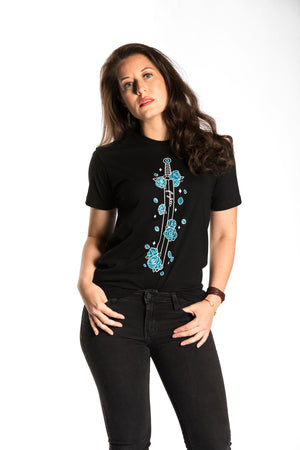 Victoria is wearing the Fighter Floral CLASSic Unisex Tee - Black/Teal in an XS