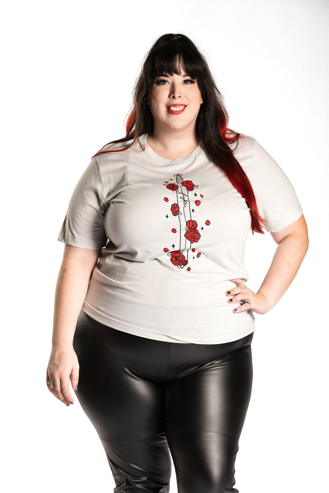 Katie Lynn is wearing the Fighter Floral CLASSic Unisex Tee - Silver/Ruby in an XL
