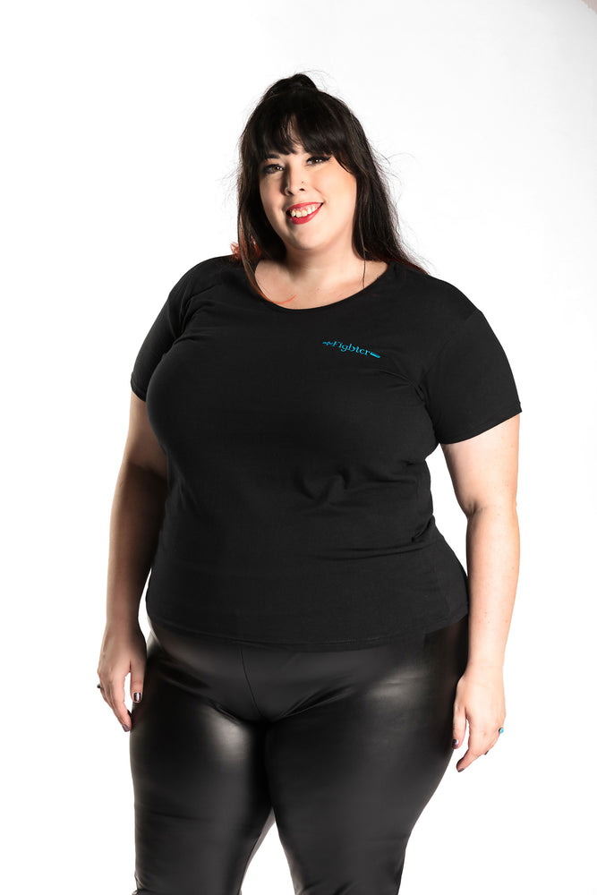 Katie Lynn is wearing the Fighter CLASSic Embroidered Fitted Tee - Black/Teal in a 2X