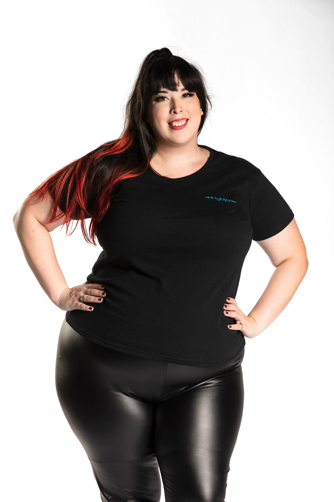 Katie Lynn is wearing the Fighter CLASSic Embroidered Fitted Tee - Black/Teal in a 2X