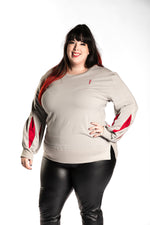Katie Lynn wearing the Fighter Shield Pullover - Silver/Ruby. Katie Lynn is wearing a 2X. Her measurements are a 49" Bust, 40" Waist, and 53" Hips, and she is 5'8"