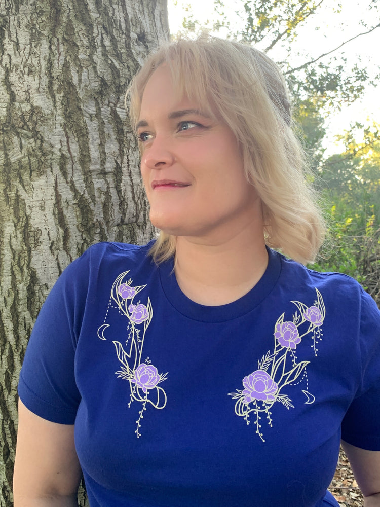 Lindz is wearing the Moon Druid Floral CLASSic Unisex Tee - Navy/Lilac in an M