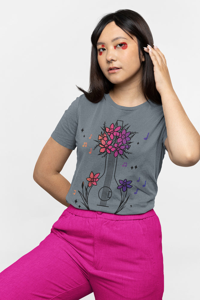 A mock-up of a model wearing the Gray Gradient Bard Floral Classic tee.  