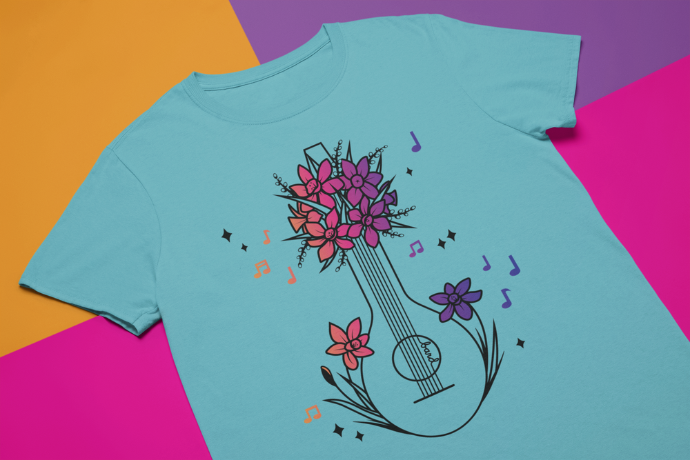 Mock-up of the Turquoise Gradient Bard Floral Classic Tee. The design features a bouquet of daffodils surrounding a lute.