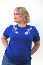 Lindz is wearing the Moon Druid Floral CLASSic Unisex Tee - Navy/Lilac in an M