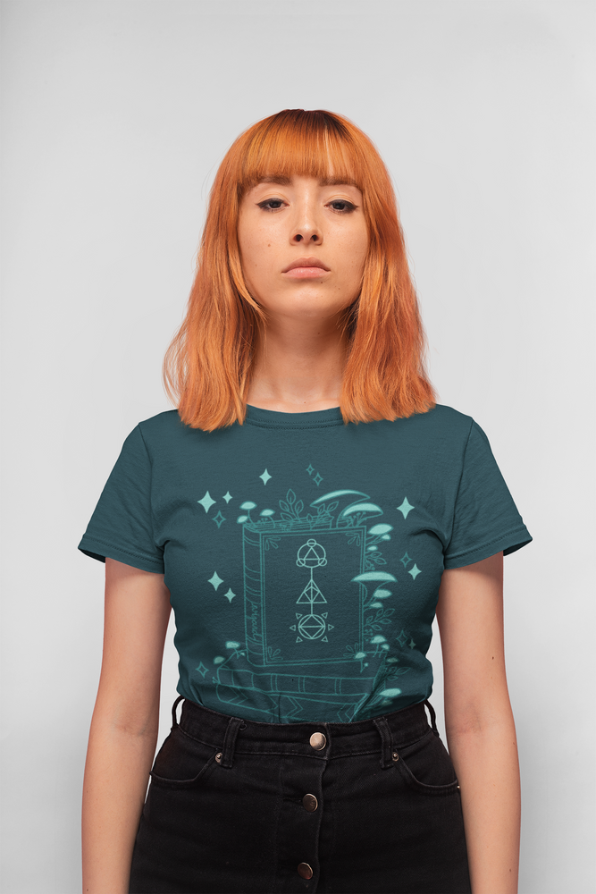 Mockup of model wearing the Wizard Floral CLASSic Unisex Tee - Dark Teal Tone