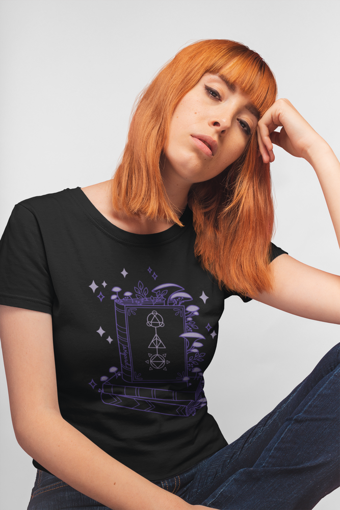 Mockup of model wearing the Wizard Floral CLASSic Unisex Tee - Black x Purple Tone