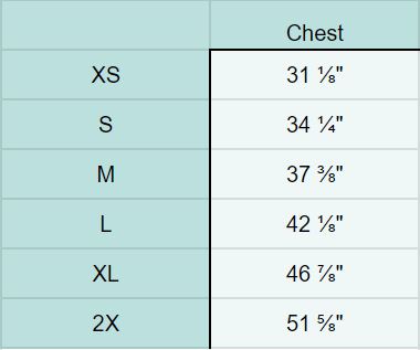 XS Chest 31 ⅛", S Chest 34 ¼", M Chest 37 ⅜", L Chest 42 ⅛", XL Chest 46 ⅞", 2X Chest 51 ⅝"