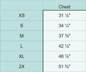 XS Chest 31 ⅛", S Chest 34 ¼", M Chest 37 ⅜", L Chest 42 ⅛", XL Chest 46 ⅞", 2X Chest 51 ⅝"
